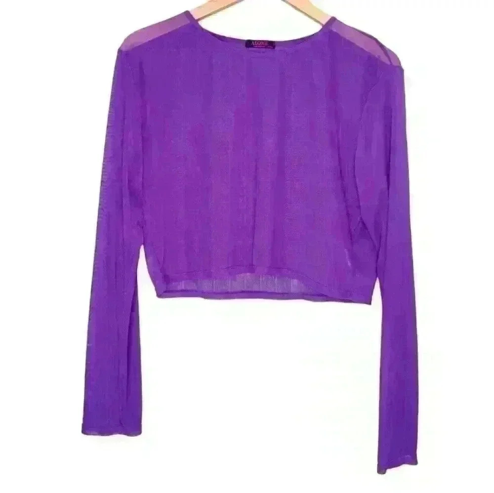 ADOME Plus Size Sheer Long Sleeve Crew Neck Crop Top Purple
